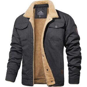 Men Grey Sherpa Trucker Jacket Cotton Cargo Fashion Turn-down Collar Winter Coat